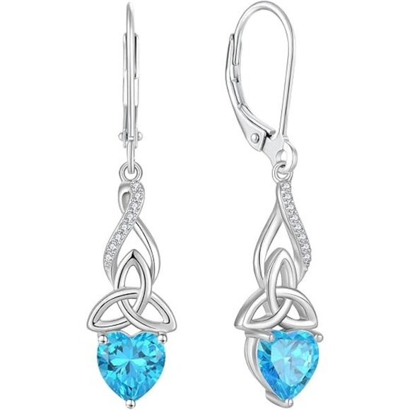 Celtic Knot 925 Sterling Silver Dangle Birthstone Earrings 03 March - Aquamarine